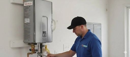worker installing a tankless water heater in north and south carolina