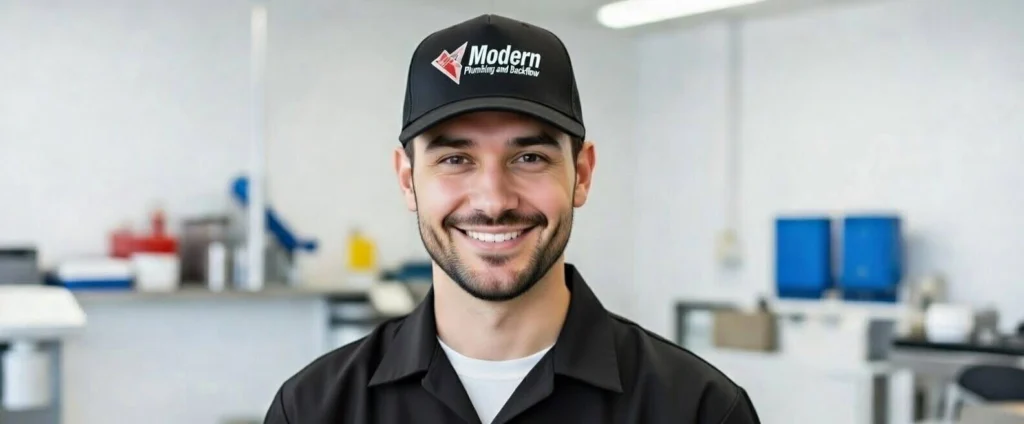 a worker smiling after installing a tankless water heater in a home